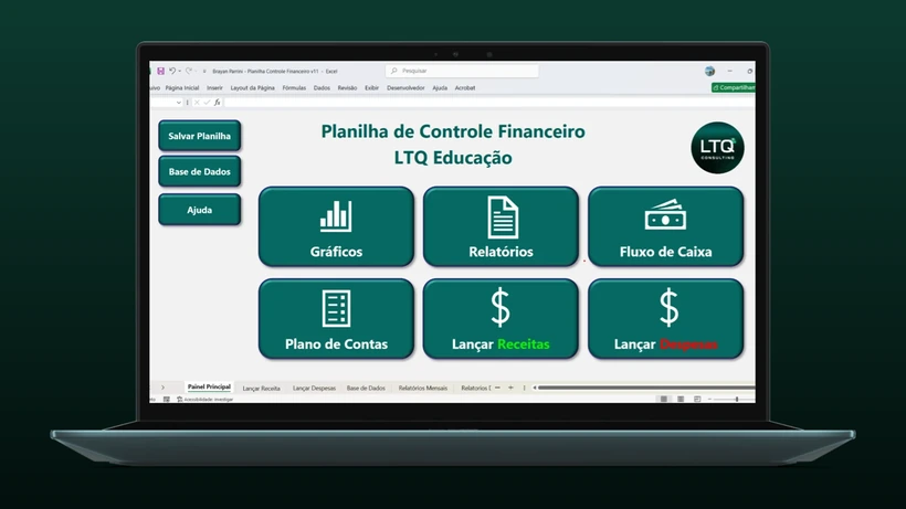 Tela da Planilha de Controle Financeiro aberta num notebook