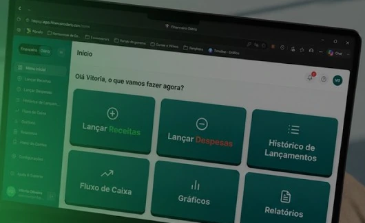 Painel do sistema Financeiro Diário aberto num notebook